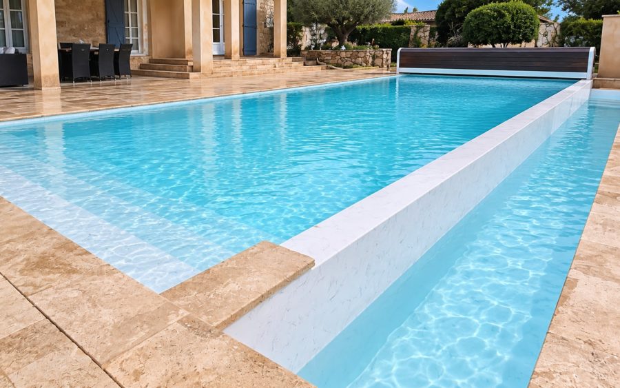 Piscine rénovée à Cotignac avec membrane PVC armé et mur central