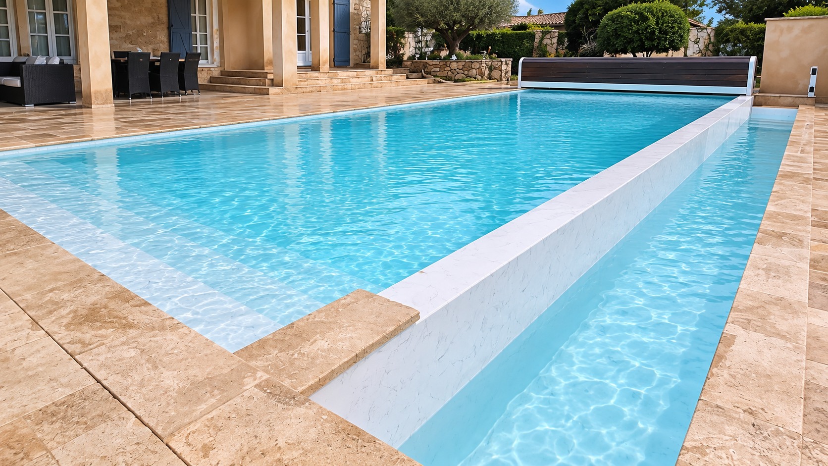 Piscine rénovée à Cotignac avec membrane PVC armé et mur central